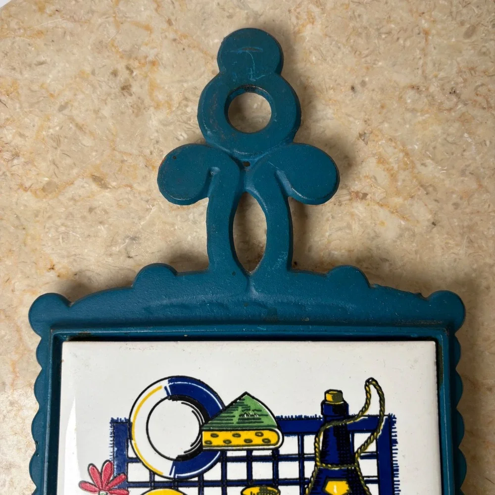 Vintage Italian Style Trivet Hot Pad‎ Cast Iron Teal Ceramic Tile